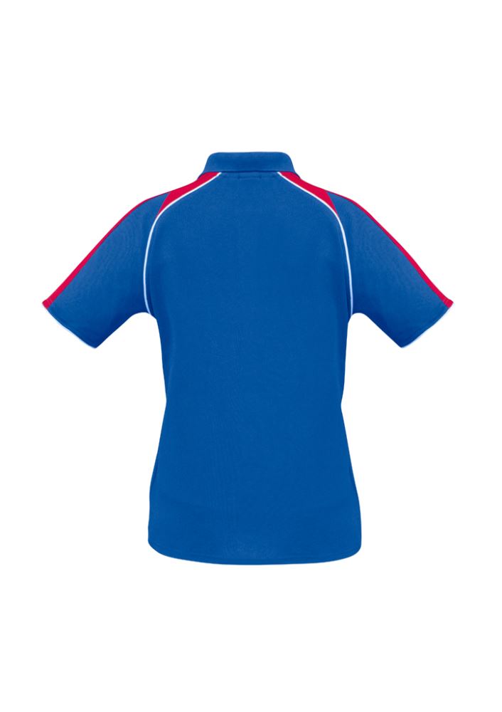 Ladies Triton Polo in Royal, Red, and White, Size 18, features raglan sleeves, lightweight fabric, and UPF sun protection.