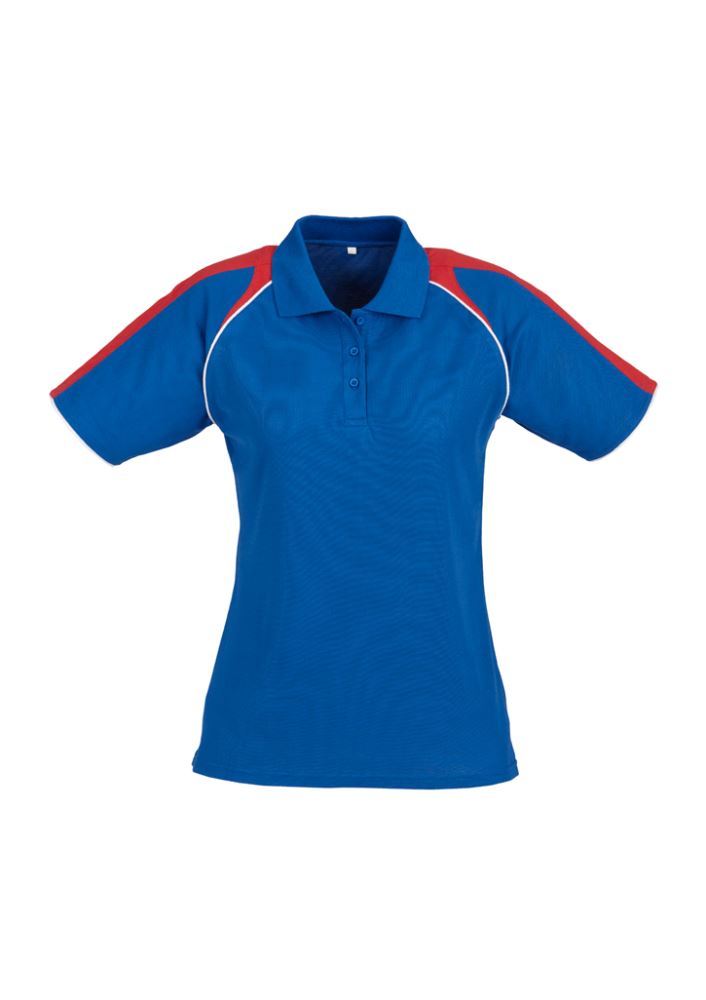 Ladies Triton Polo in Royal, Red, and White, Size 18, featuring raglan sleeves and sun protection for stylish comfort.