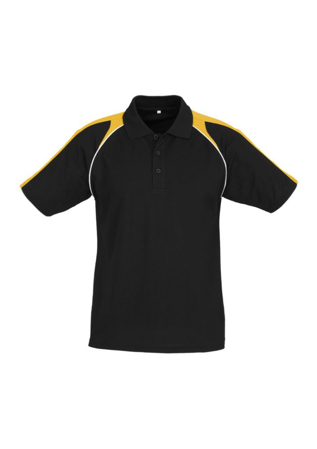 Mens Triton Polo in Black, Gold, and White, 5XL, features raglan sleeves and breathable fabric for style and comfort.