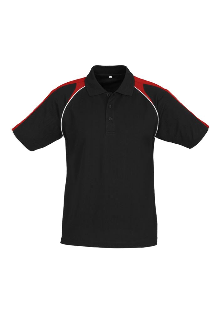 Men's Triton Polo in black, red, and white, featuring raglan sleeves, contrast panels, and a loose pocket in size L.