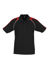 Men's Triton Polo in black, red, and white, featuring raglan sleeves, contrast panels, and a loose pocket in size L.
