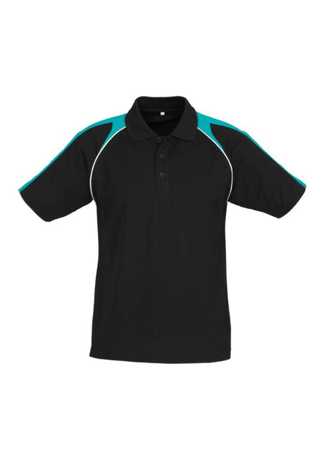 Mens Triton Polo in black, teal, and white, size 5XL, featuring a breathable fabric, raglan sleeves, and a stylish knitted collar.