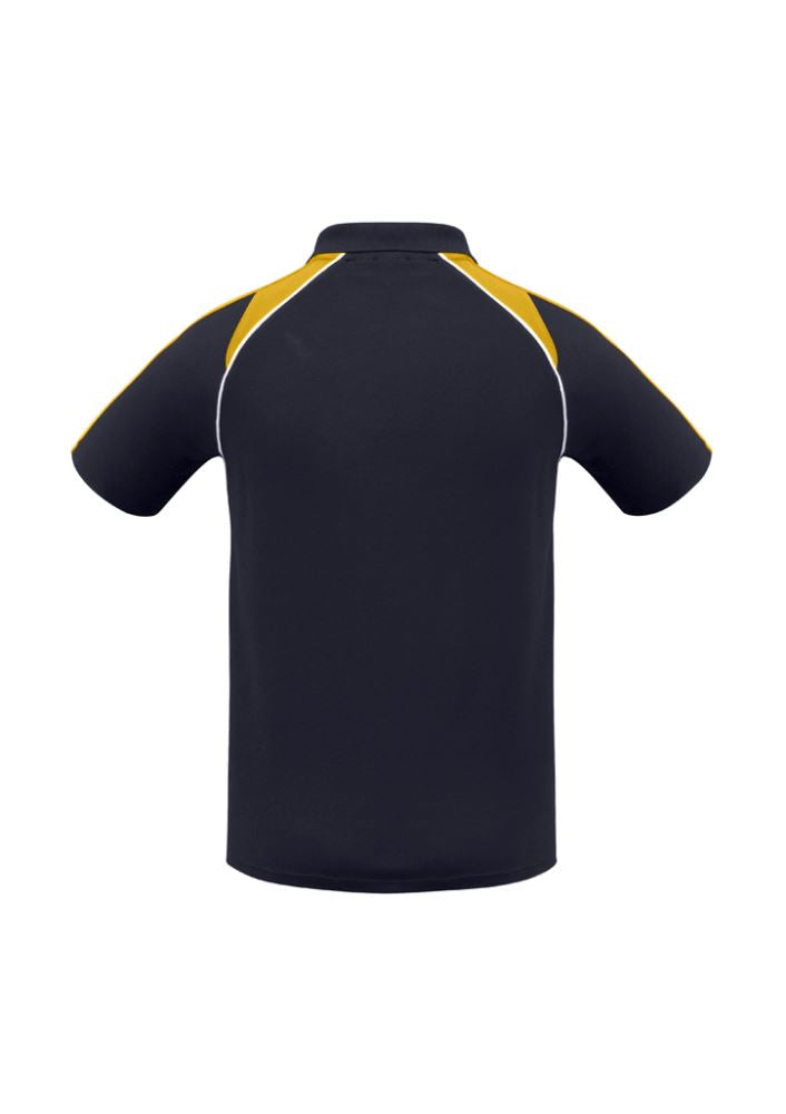 Men's Triton Polo in navy, gold, and white; features breathable fabric, raglan sleeves, and a stylish knitted collar.