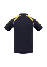 Men's Triton Polo in navy, gold, and white; features breathable fabric, raglan sleeves, and a stylish knitted collar.