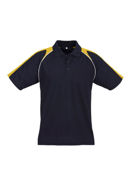 Men's Triton Polo in navy, gold, and white, size XL; features breathable fabric, sporty design, UPF protection, and pocket.