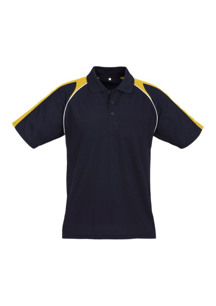 Men's Triton Polo in Navy/Gold/White, size L, featuring breathable fabric, raglan sleeves, and a loose pocket for essentials.