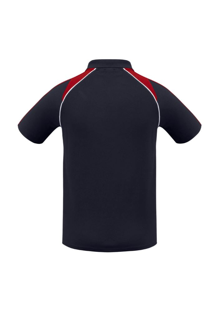 Men's Triton Polo in Navy, Red, and White featuring raglan sleeves, knitted collar, and UPF protection, size L.