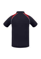 Men's Triton Polo in Navy, Red, and White featuring raglan sleeves, knitted collar, and UPF protection, size L.