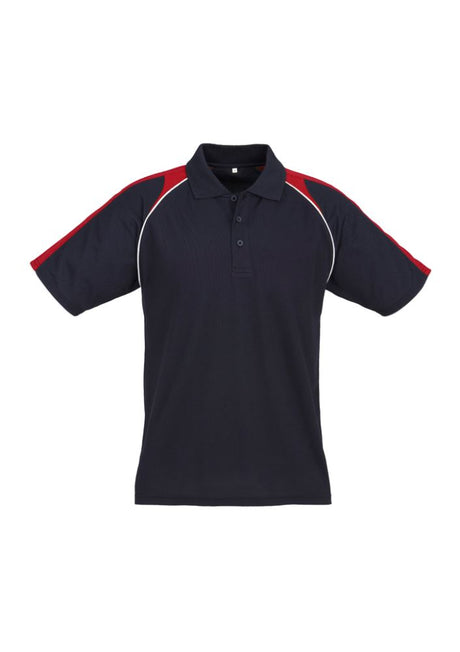Men's Triton Polo in navy, red, and white, featuring raglan sleeves, sporty design, and UPF protection, size L.