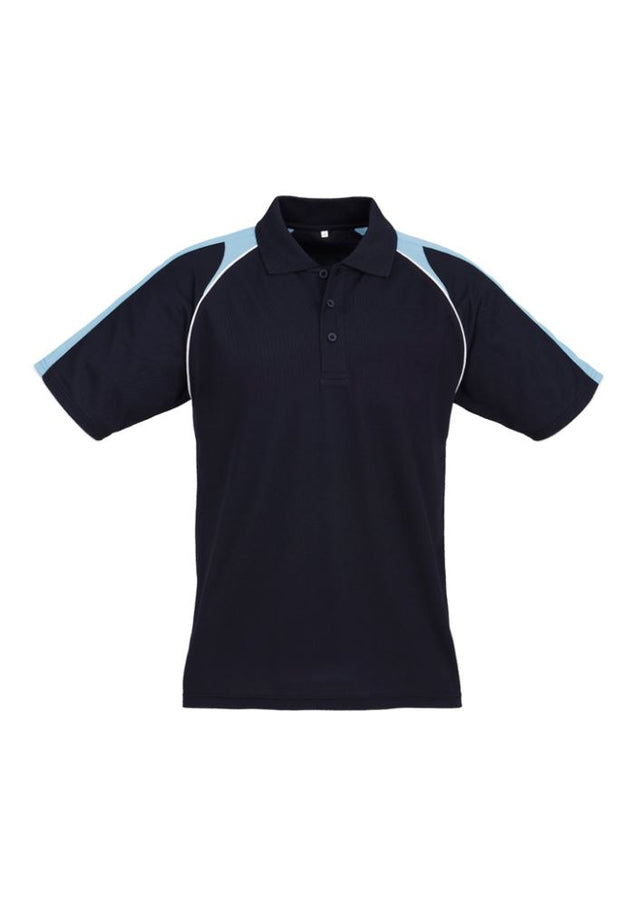Mens Triton Polo in navy, spring blue, and white featuring raglan sleeves, a pocket, and UPF protection, size M by Biz Collection.