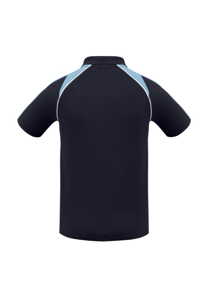 Men's Triton Polo in Navy, Spring Blue, and White features UPF protection, raglan sleeves, and a practical loose pocket. Size M.