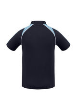 Men's Triton Polo in Navy, Spring Blue, and White features UPF protection, raglan sleeves, and a practical loose pocket. Size M.