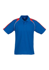 Men's Triton Polo in Royal, Red, and White, featuring breathable fabric, UPF protection, raglan sleeves, and a pocket. Size M.