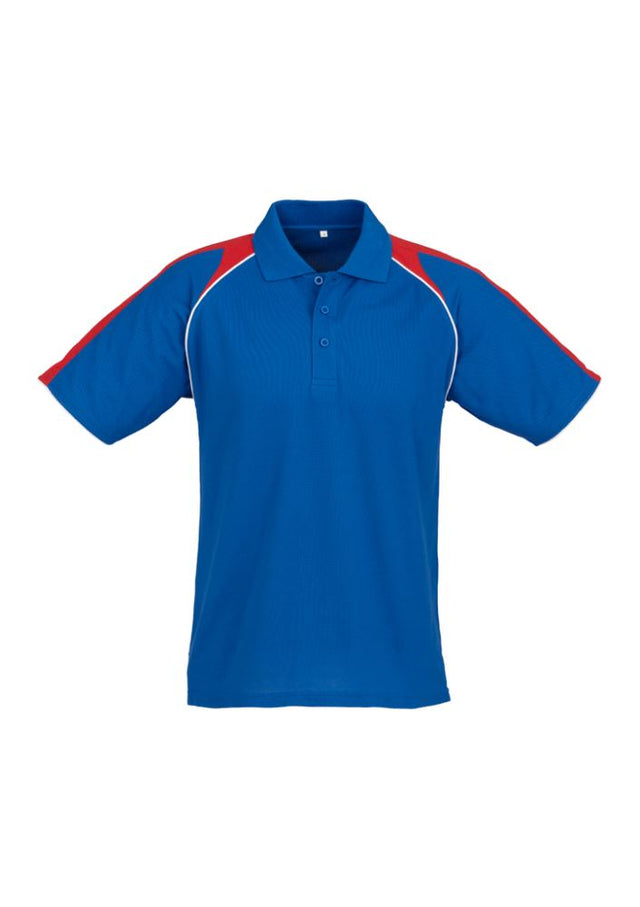 Men's Triton Polo in Royal, Red, and White, featuring breathable fabric, UPF protection, raglan sleeves, and a pocket. Size M.