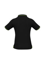 Ladies Jet Polo in black and bright green for size 10, featuring a slim collar, contrast hem, and lightweight fabric.