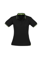 Ladies Jet Polo in Black and Bright Green, Size 10, featuring a slim collar, contrast hem, and breathable fabric for comfort.