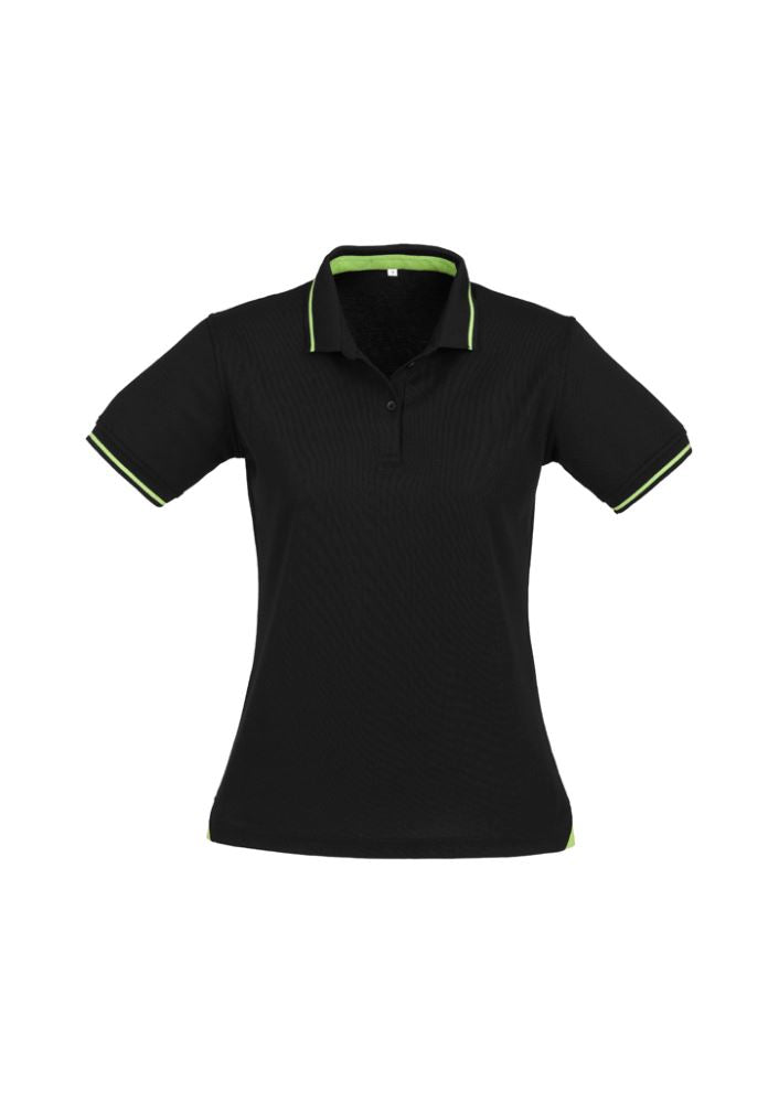 Ladies Jet Polo in black and bright green, size 8, featuring sporty design, cotton blend fabric, and UPF rating for sun protection.