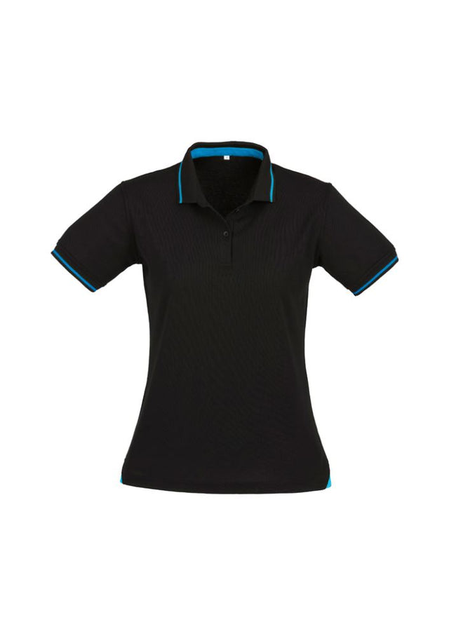 Ladies Jet Polo in Black/Cyan, Size 10, featuring 50% cotton and 50% BIZ COOL™ for breathability and sun protection.