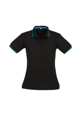 Ladies Jet Polo in Black/Cyan, Size 14, featuring stylish hem panel and modern collar for comfort and sun protection.