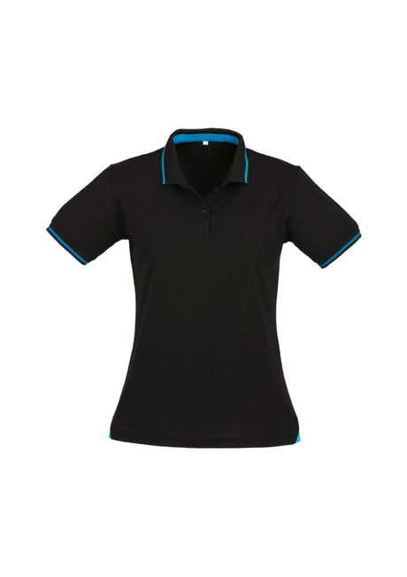 Ladies Jet Polo in black and cyan, size 16, featuring breathable fabric, stylish collar, and sun protection for casual wear.