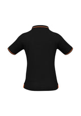 Ladies Jet Polo in black/orange, size 16, featuring a slim collar, durable fabric, and UPF protection for stylish outdoor wear.