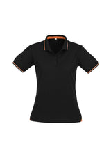 Ladies Jet Polo in black and orange, size 22, featuring a slim collar, contrast hem, and UV protection for outdoor comfort.