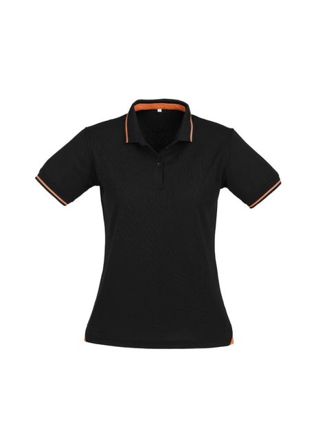 Ladies Jet Polo in black and orange, size 14, featuring breathable fabric, stylish design, and good sun protection.