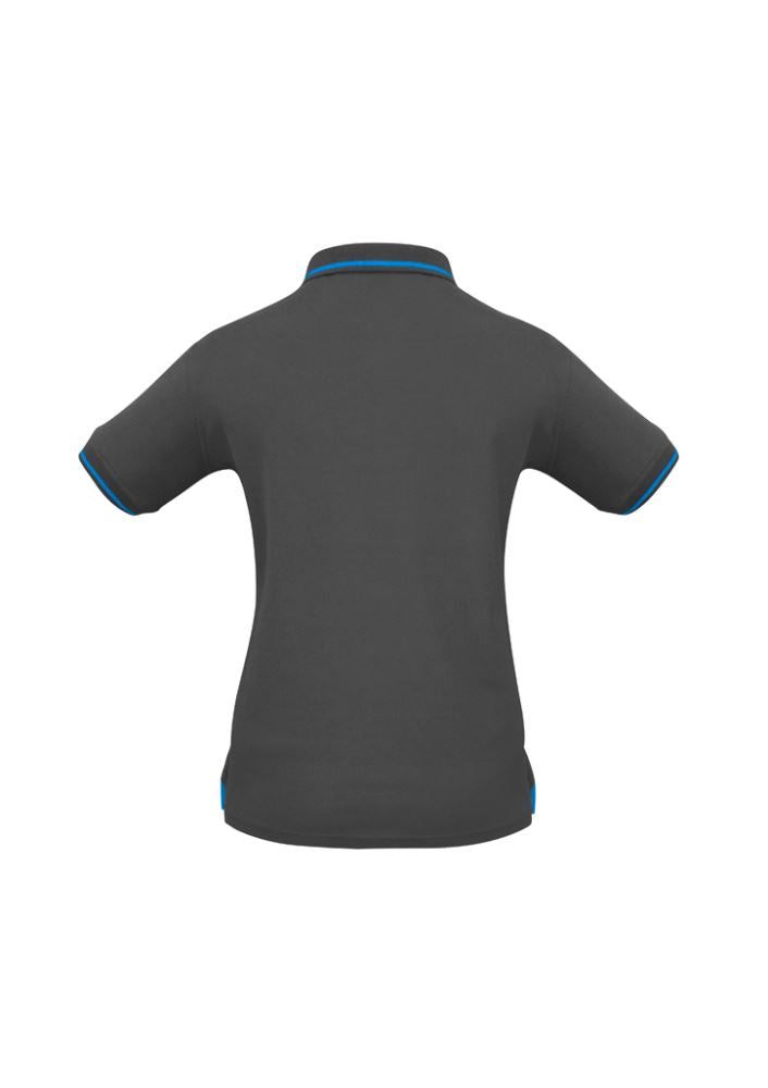 Ladies Jet Polo in Steel Grey and Cyan Blue, size 22, featuring a contrast hem, slim collar, and breathable, lightweight fabric.