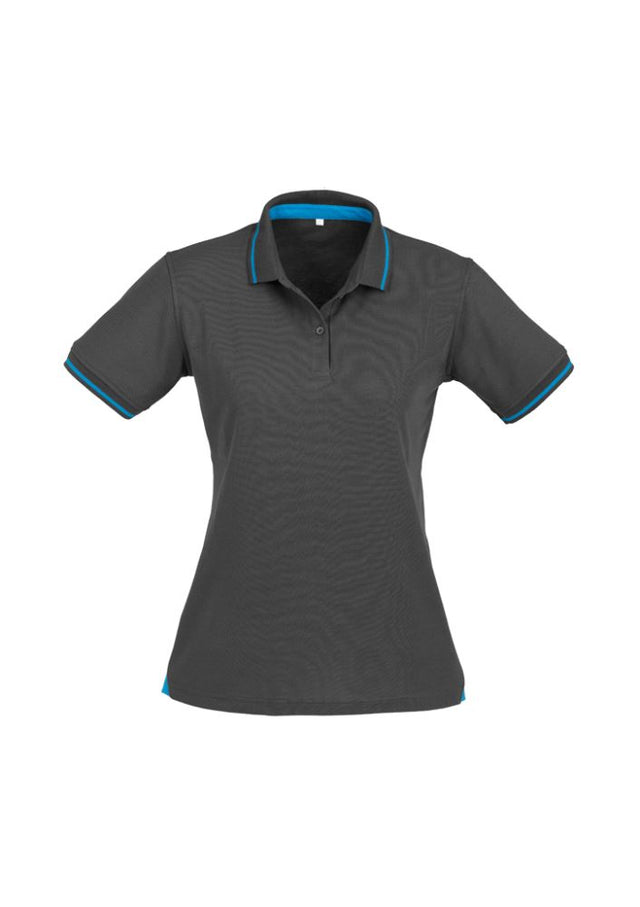 Ladies Jet Polo in Steel Grey and Cyan Blue, size 12, featuring breathable fabric, stylish details, and good sun protection.