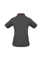 Ladies Jet Polo in Steel Grey/Red, Size 20, featuring contrast hem and slim collar for a stylish, comfortable fit.