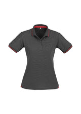 Ladies Jet Polo in Steel Grey/Red, Size 24, featuring breathable fabric, contrast hem detail, and chic knitted collar.