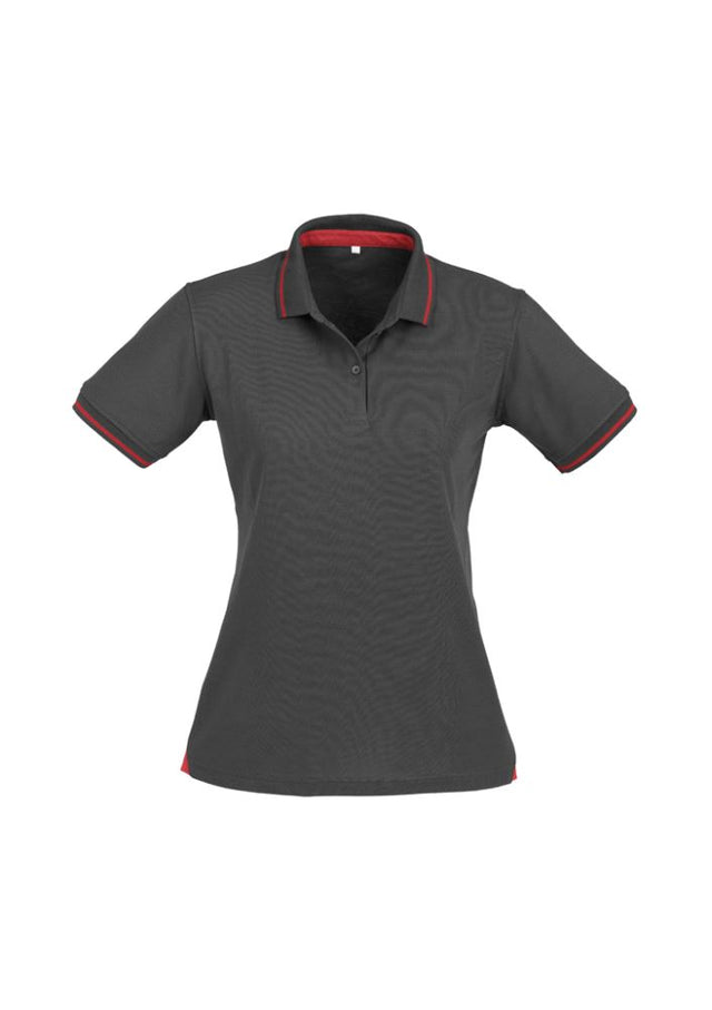 Ladies Jet Polo in Steel Grey/Red, Size 24, featuring breathable fabric, contrast hem detail, and chic knitted collar.