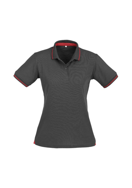 Stylish Ladies Jet Polo in Steel Grey/Red, Size 16, featuring a chic collar, breathable fabric, and contrast hem detail.