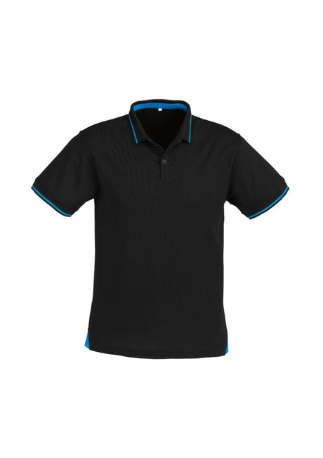 Men's Jet Polo in Black and Cyan, size M, featuring breathable fabric, stylish collar, and a loose pocket for essentials.