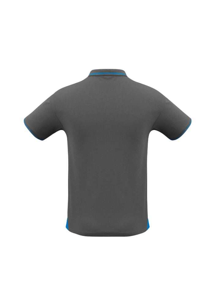 Men's Jet Polo in Steel Grey and Cyan Blue, Size S, featuring moisture-wicking fabric, contrast details, and a stylish pocket.