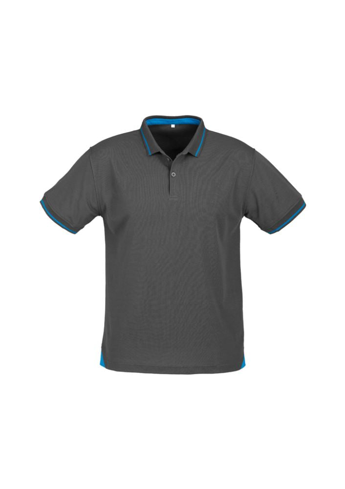 Men's Jet Polo in Steel Grey/Cyan Blue, featuring a slim collar, pocket, and moisture-wicking fabric for stylish comfort.