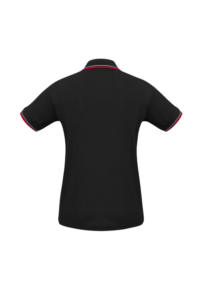 Ladies Cambridge Polo in Black, Red, and White, featuring breathable fabric and stylish knitted twin stripes, Size 8.