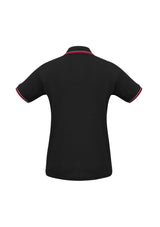 Stylish Ladies Cambridge Polo in Black/Red/White, size 14, featuring a knit stripe collar, breathable fabric, and UPF protection.