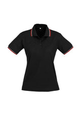 Ladies Cambridge Polo in Black, Red, and White, size 8, featuring breathable fabric and stylish striped collar and cuffs.