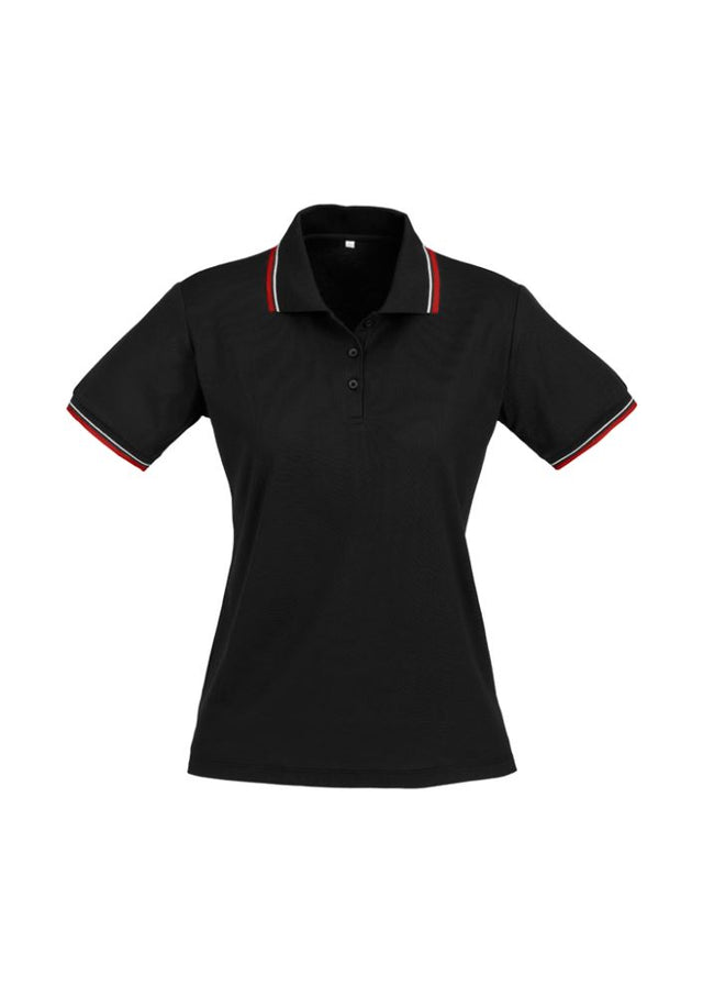 Ladies Cambridge Polo in Black, Red, and White, size 8, featuring breathable fabric and stylish striped collar and cuffs.