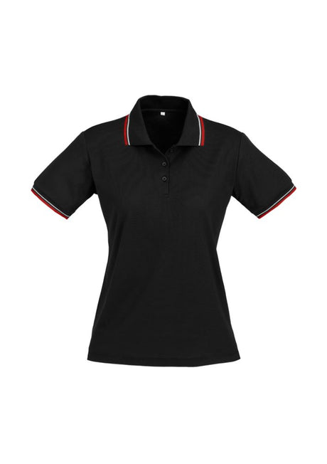 Ladies Cambridge Polo in Black, Red, and White; Size 18, features sporty design, comfort blend fabric, and stylish collar.