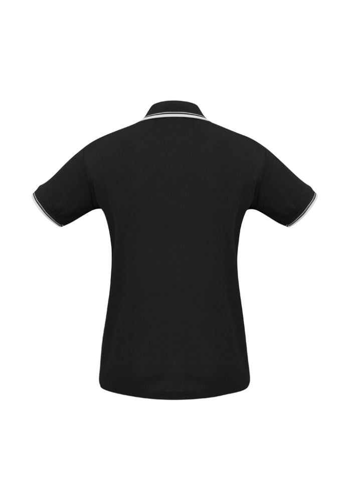 Elegant black and white Ladies Cambridge Polo, size 24, featuring breathable fabric, stylish twin stripe collar, and good UV protection.