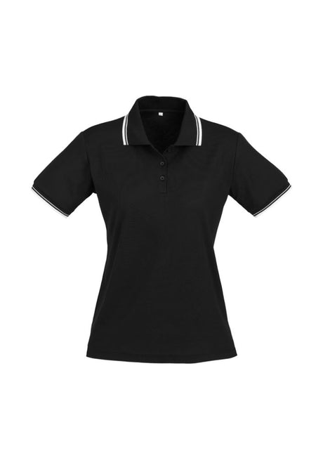 Ladies Cambridge Polo in black and white, size 22, featuring a stylish twin stripe collar, breathable fabric, and flattering fit.