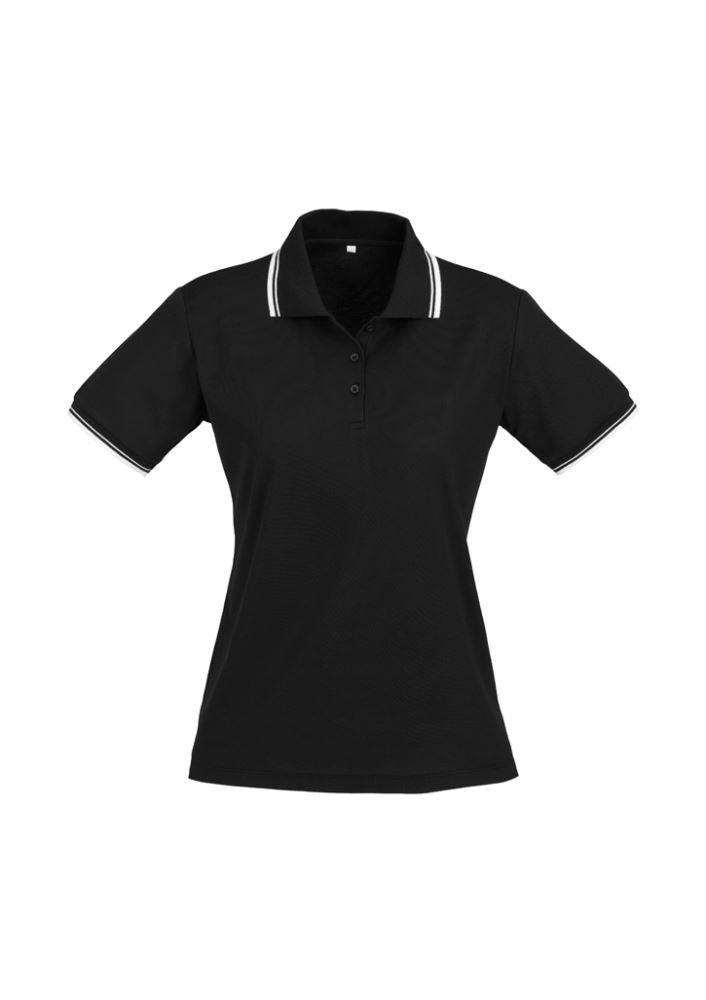 Ladies Cambridge Polo in Black/White/White, Size 12, features a stylish striped collar and light, breathable fabric.