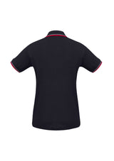 Navy, red, and white ladies polo shirt with twin stripe collar, size 8, crafted from cotton and BIZ COOL™ for comfort and style.