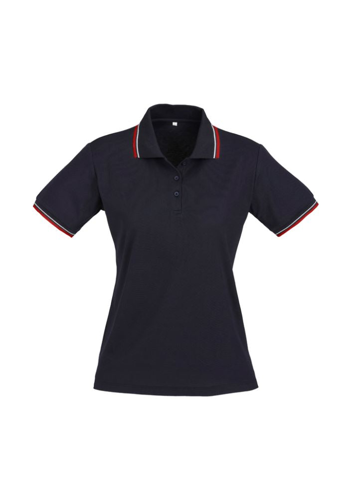 Navy, red, and white ladies polo shirt with striped collar, size 24, made from cotton and BIZ COOL™ polyester blend.