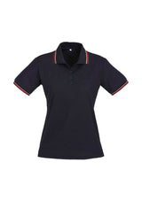 Navy, red, and white ladies polo shirt with striped collar, size 24, made from cotton and BIZ COOL™ polyester blend.