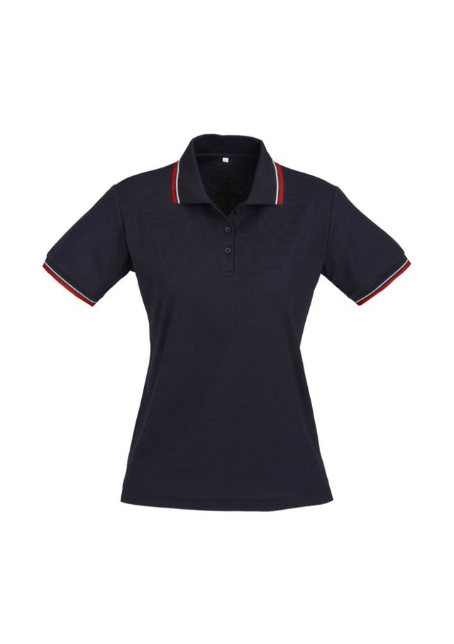 Navy, red, and white ladies polo shirt with striped collar, size 24, made from cotton and BIZ COOL™ polyester blend.