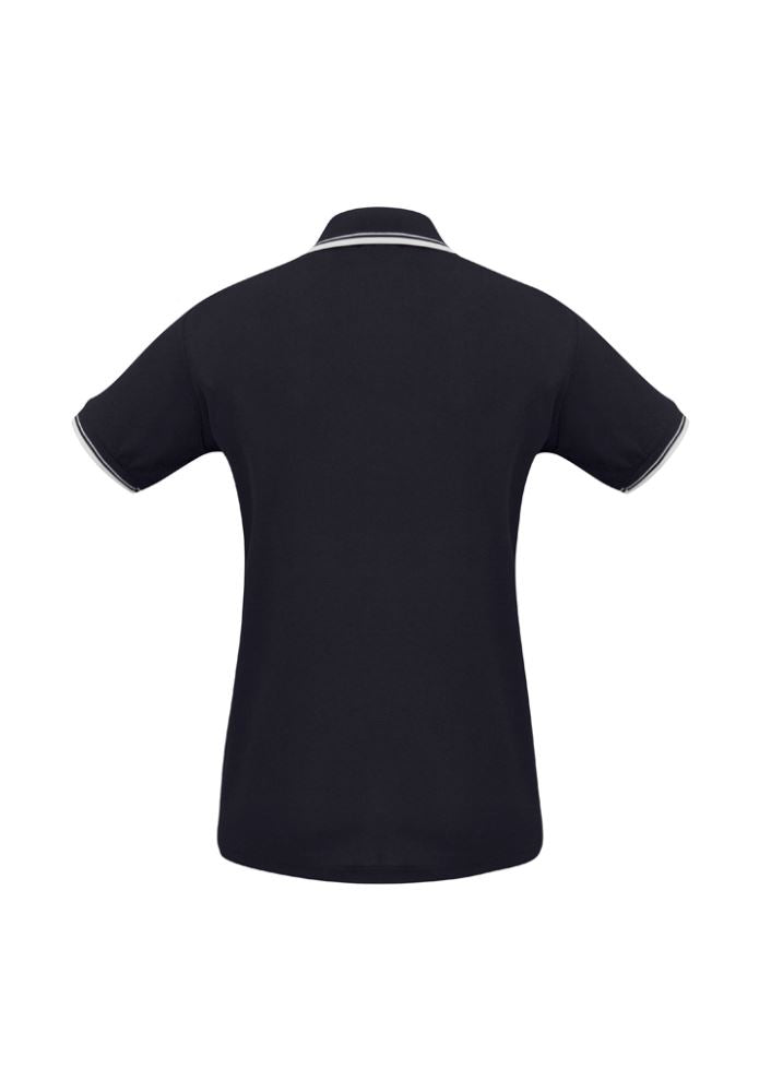 Navy and white ladies Cambridge polo shirt, size 16, featuring striped collar, comfortable fabric, and sun protection.