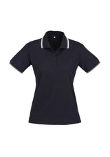 Navy and white ladies' polo shirt with striped collar, size 12, made from breathable cotton and BIZ COOL™ polyester blend.